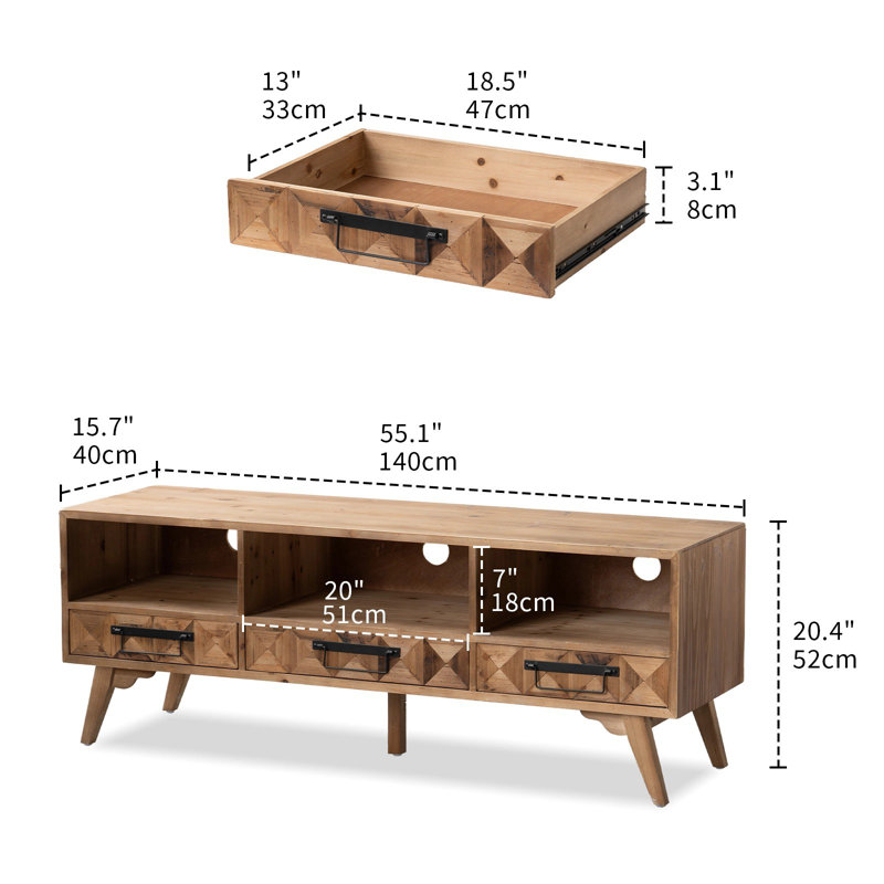55.1" Mid-Century Solid Wood TV Stand with 3 Storage Drawers & Open Cubby Shelves, Rustic Media Console Table for TVs Up to 60 Inch, Farmhouse Entertainment Center with Cable Holes for Living Room