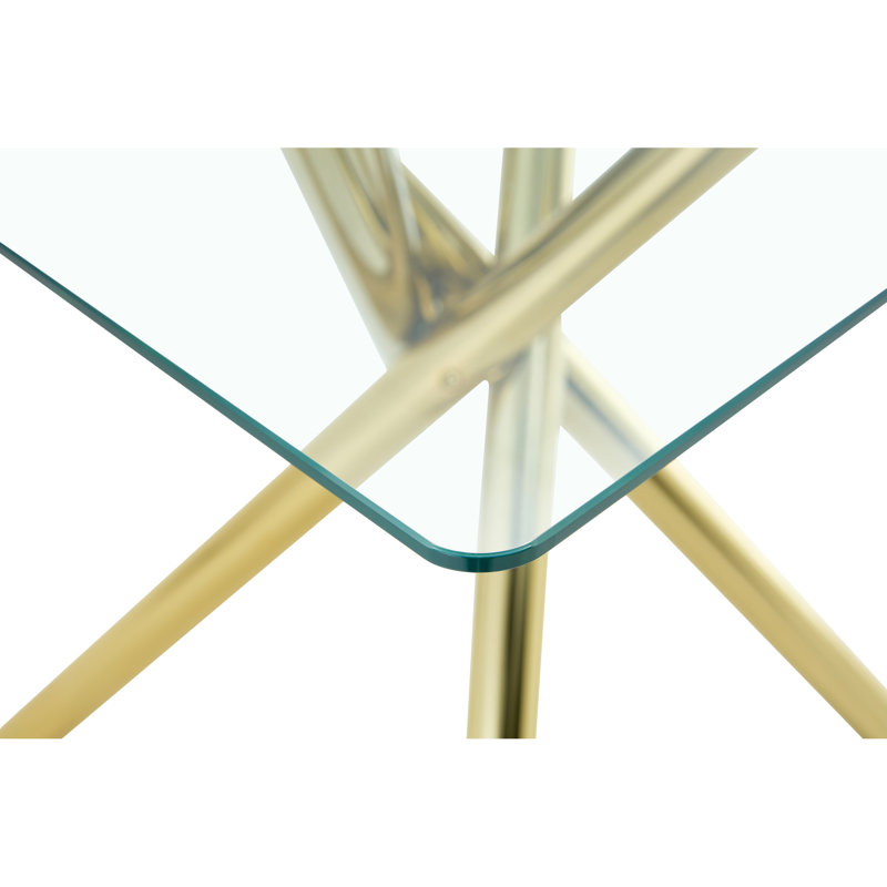 Table de bar dorée en verre trempé épais avec structure métallique croisée, idéale pour un bar à domicile ou un îlot de cuisine - Matériaux : verre, pieds aux bords arrondis pour une utilisation quotidienne en toute sécurité