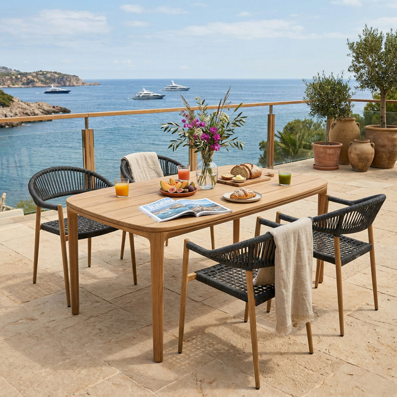 Ensemble de salle à manger d'extérieur en teck massif 5 pièces, table d'angle ronde avec 4 chaises en corde tissée