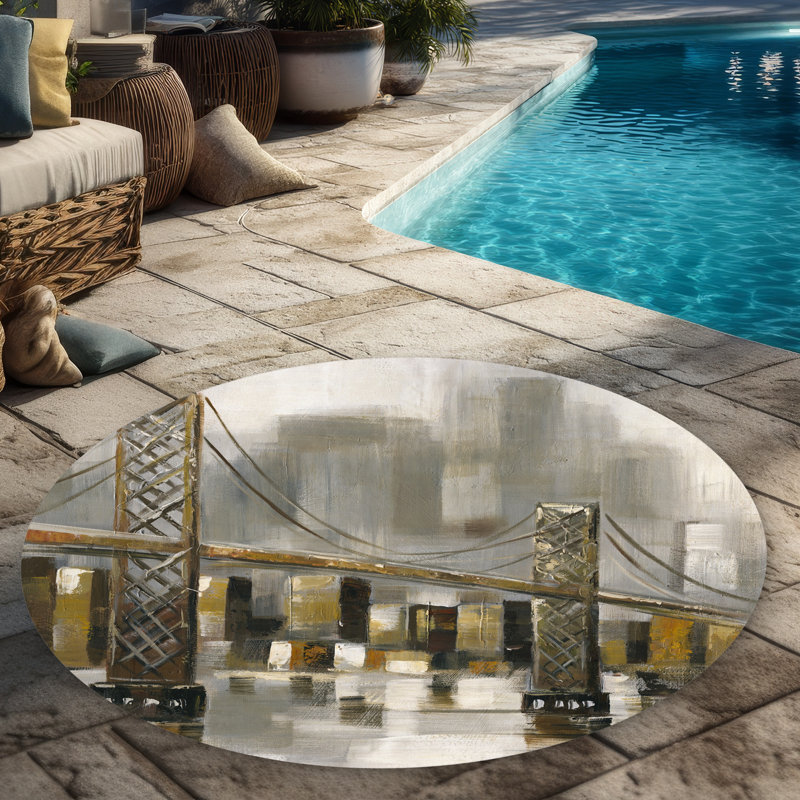 Bridge by a Cloudy Day | Gray Round Outdoor Area Rug