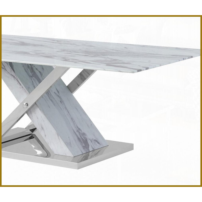 Table basse contemporaine en faux marbre avec détails en acier inoxydable, plateau en verre trempé et amp; Surface facile à nettoyer