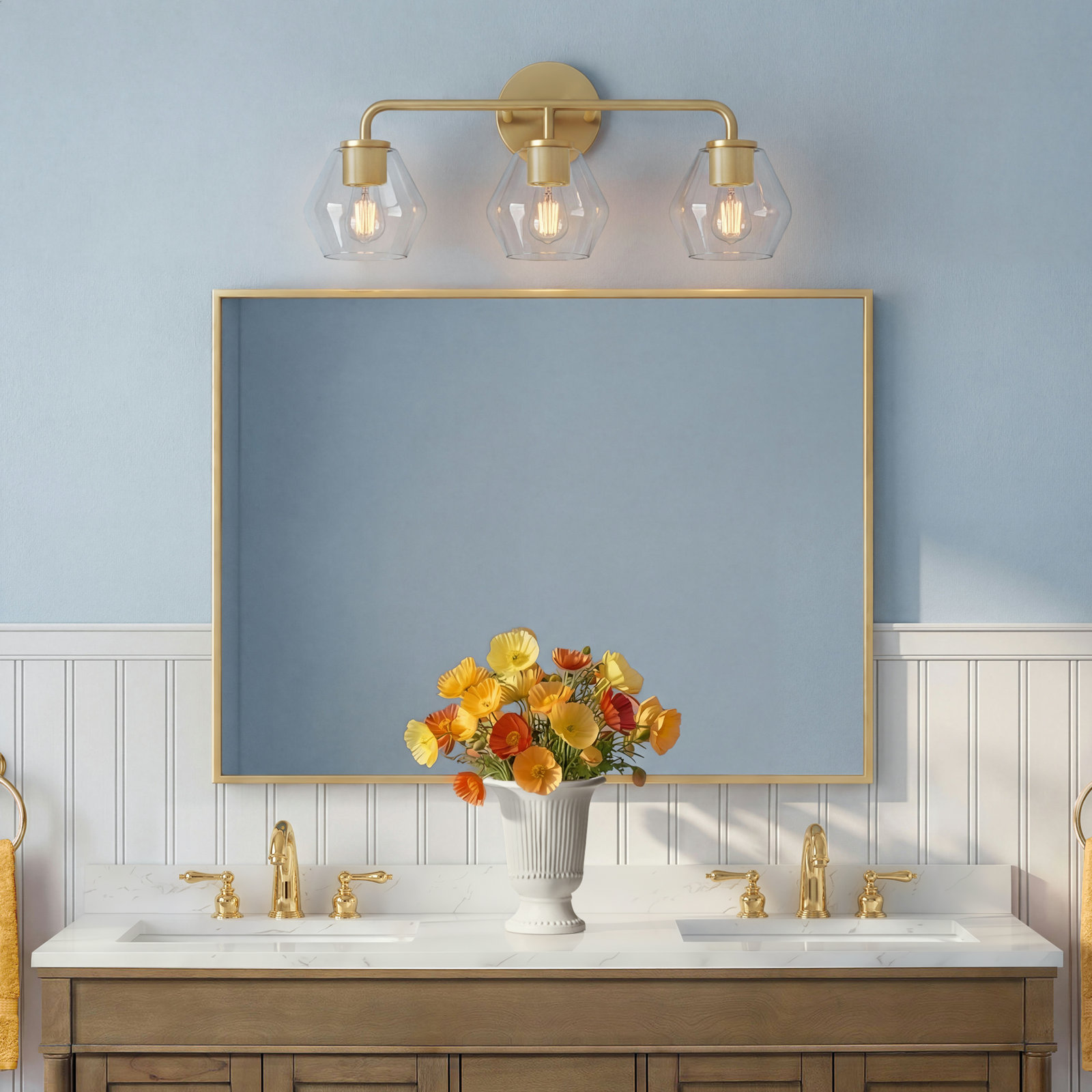 Rooks 3 - Light Dimmable Vanity Light, Satin Brass, Clear