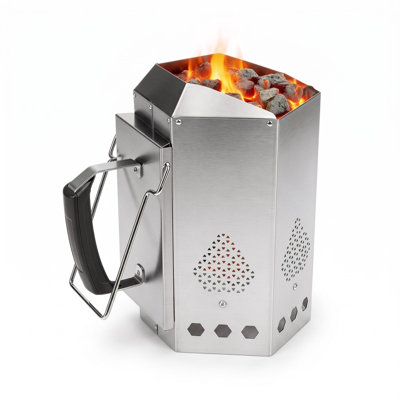 Allume-charbon hexagonal en acier inoxydable pour barbecue, avec poignée résistante à la chaleur, allumage rapide et ventilation optimale pour les grillades extérieures, couleur argent.