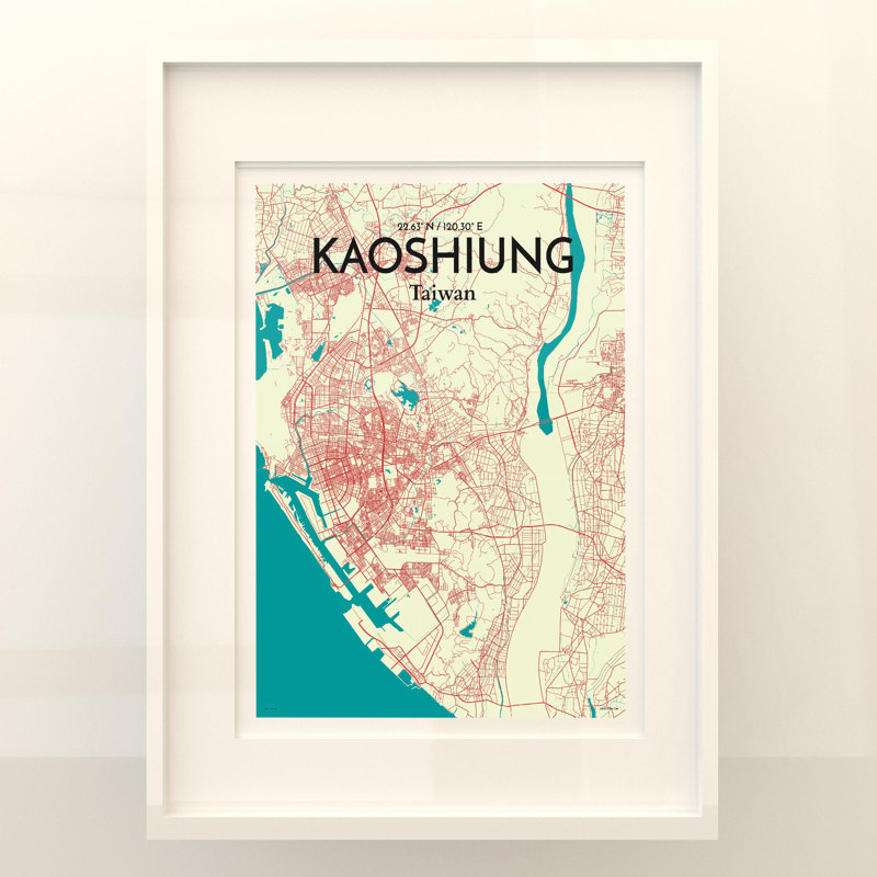 Kaoshiung City Map in Tricolour 1 Piece Wall Art, 24cm H x 18cm W x 0.05cm D