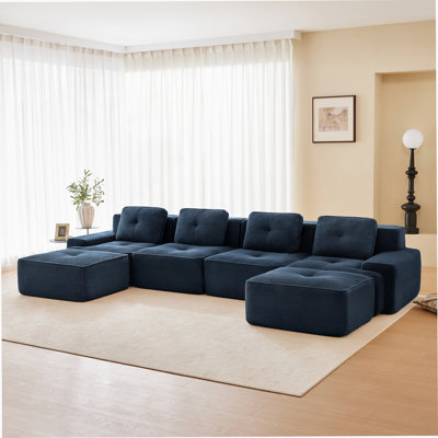 153 Inch Modern L-Shaped Modular Sectional Sofa With Corduroy Fabric, 4-Seater Couch, Deep Seat, Movable Ottoman