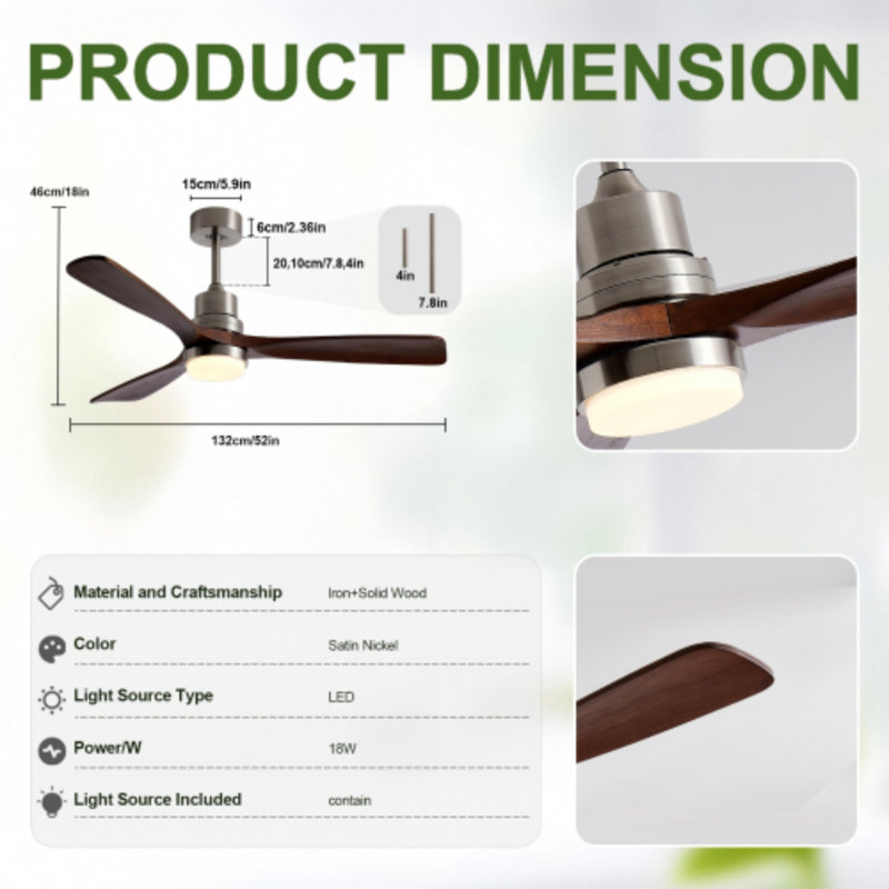 Ventilateurs de plafond en bois avec éclairage, Nickel brossé