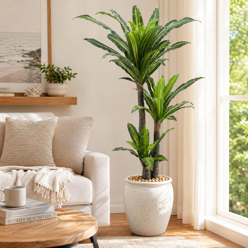 5FT Artificial Brazilian Iron Tree with Thick Trunk – 2-Head Faux Dracaena Fragrans Plant in Vintage White Pot with Yellow Pebbles, Realistic Fake Tree for Indoor Outdoor Home Office Decor, Easy Assembly