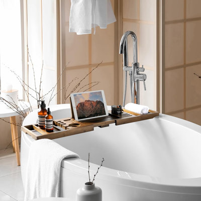 Bamboo Bathtub Tray Caddy - Splash-Proof Adjustable (28.5-40") With Wine Holder,Walnut