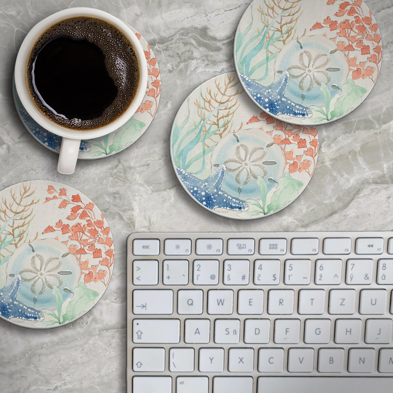 CounterArt Seaside 4 Pack Round Absorbent Stone Coasters (Set of 4)