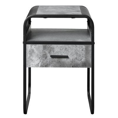 1 table de bout en béton gris et noir, meubles essentiels pour le salon, bords arrondis, table et métal pour l'espace, qualité élégante, tiroir spacieux,