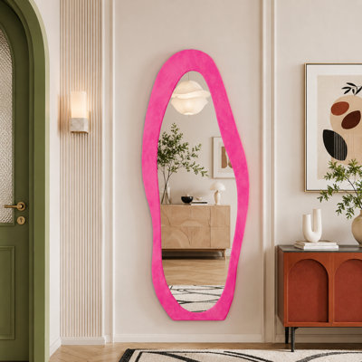 63.2 x 24.2 Inch Rose Pink Irregular Wavy Full Length Mirror Flannel Upholstered Wood Frame Tempered Safety Glass Freestanding or Wall Mounted for Bedroom Living Room and Dressing Room