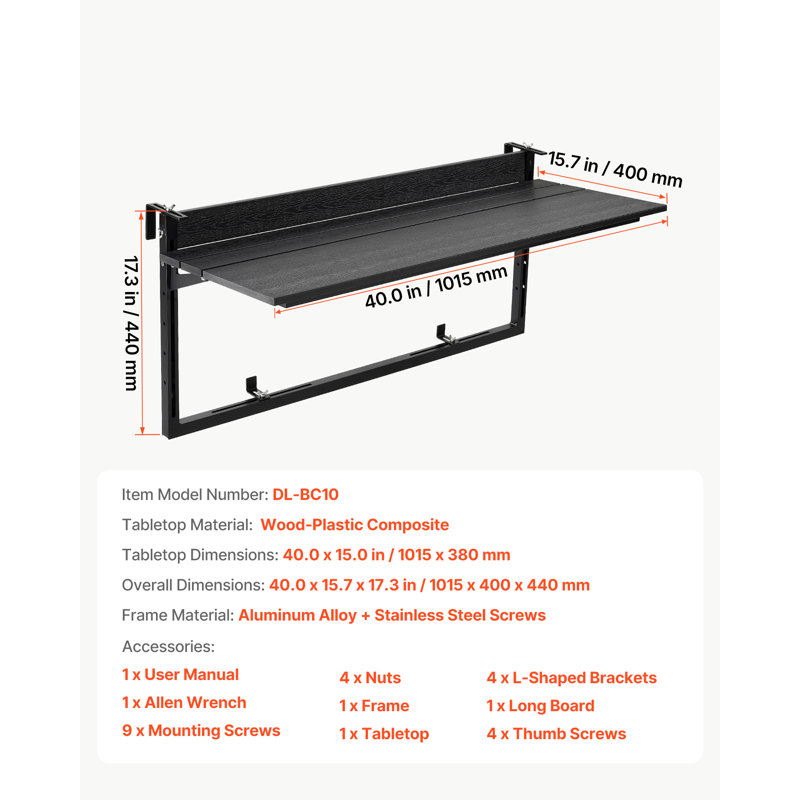 Table de balcon suspendue 101,6 cm x 38,1 cm, 27,2 kg, pliable, idéale pour une utilisation sur une rampe de terrasse ou de jardin. Compatible avec les rampes de 0 à 8,9 cm d'épaisseur. Hauteur réglable à 5 niveaux. Fabriqué en composite bois-plastique durable.