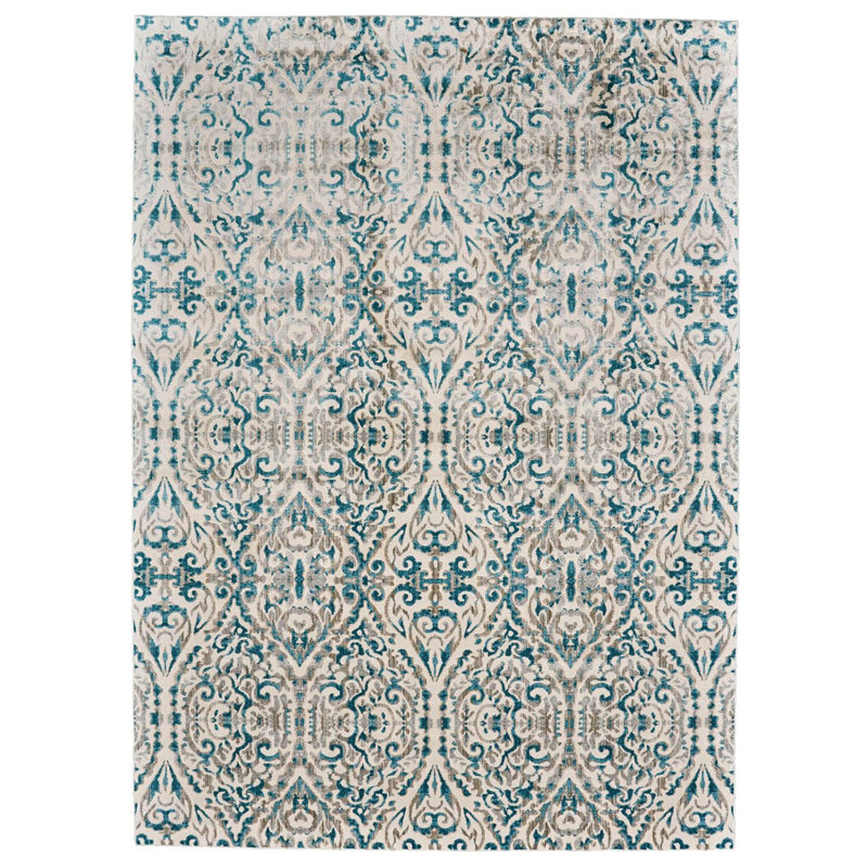 Tapis bleu / rose à motif cachemire Agatha, Rectangle 5 pi 3 po x 7 pi 6 po