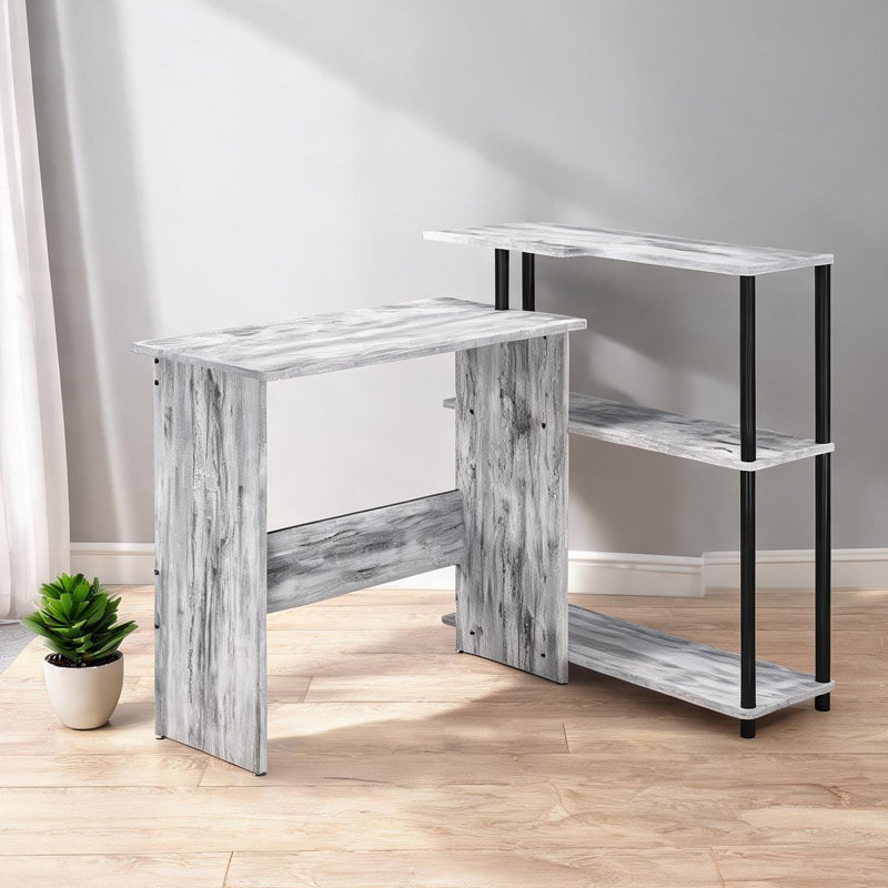 Bureau d'écriture blanc antique avec tablette latérale, base en métal de couleur noire et plateau rectangulaire en panneau de particules, largeur de 39 pouces