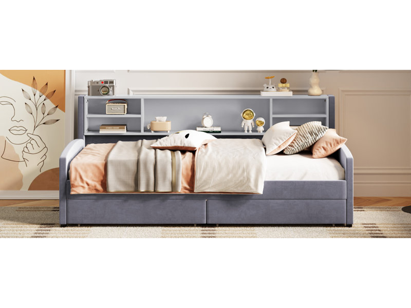Lit plateforme simple tapissier avec rangement et tiroirs, gris