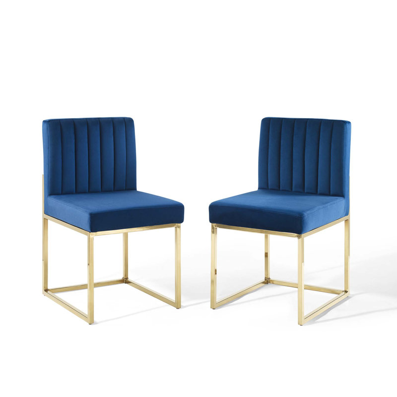 Carriage Tufted Sled Base Upholstered Fabric Dining Chair, Gold, Navy, 2