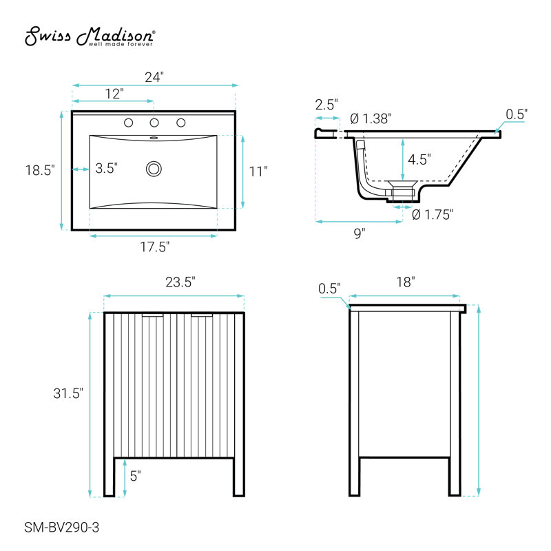 Bastille 24 In. White Bathroom Vanity With 3-Hole Ceramic Sink Top, White