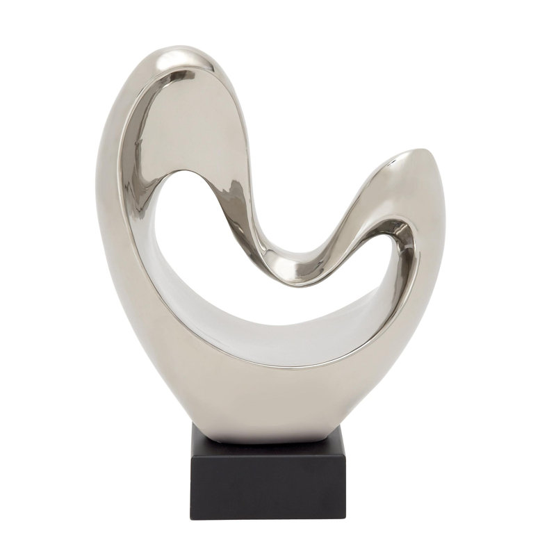 Polystone Heart Abstract Decorative Sculpture with Black Base, Glossy Silver