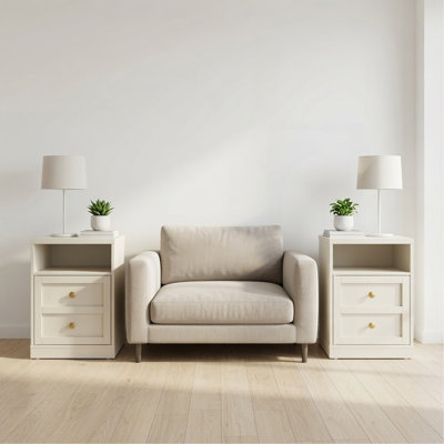 Set of 2, 15.7” Width Beige  Wood Nightstand with Door & Shelf, Faux 2-Drawer Modern Side Table