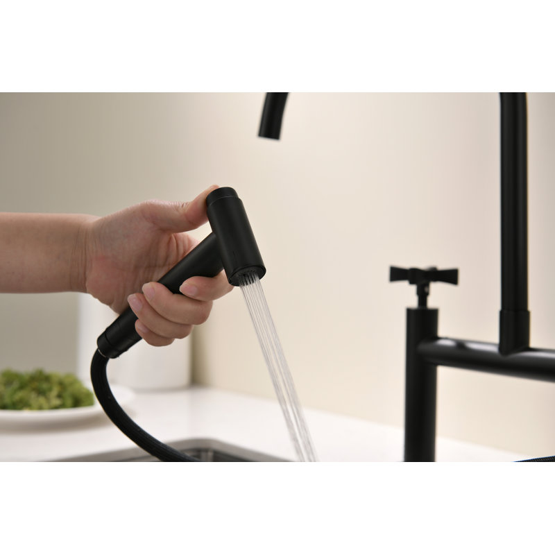 Robinet de lavabo de cuisine à 3 poignées à 3 trous avec douchette extractible, Noir mat