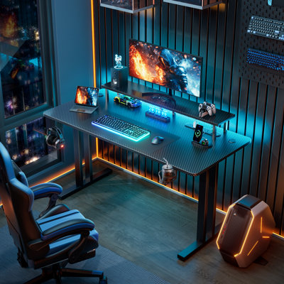 Gaming Desk with LED Lights & Power Outlet, Computer Gamer Desk with Monitor Stand, Ergonomic Carbon Fiber Gaming Table Home Office Desk with Cup Holder, Headphone Hook & Mouse Pad,Black