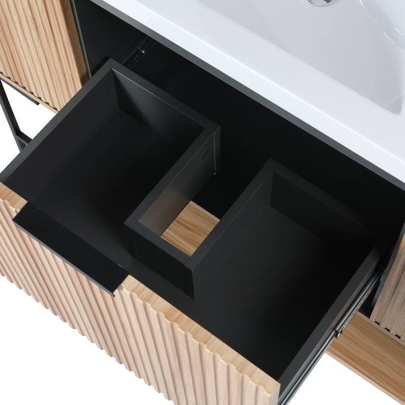 Pritha 48" Wood Slatted Freestanding Vanity with Resin Sink and Metal Frame - Modern Bathroom Storage Solution, Natural Wood