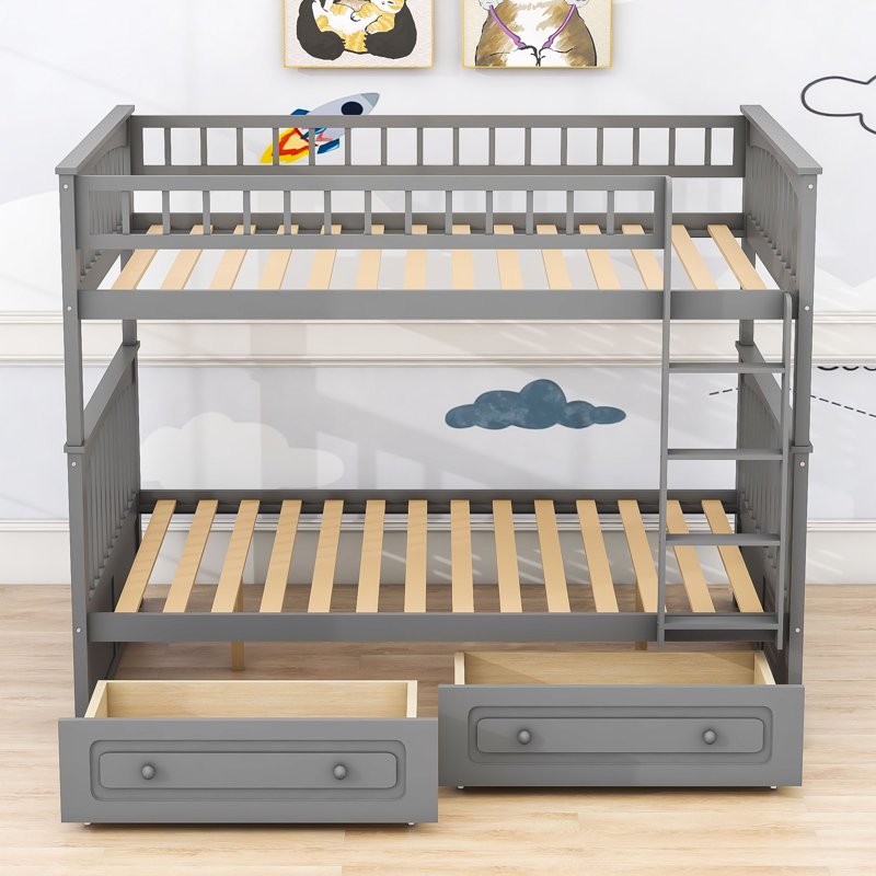 Bunk Bed With Drawers, Convertible Beds, Full Over Full, Gray