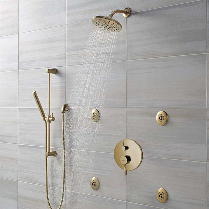 Bravat Brushed Gold Wall Mount Shower System with Round Rainfall Showerhead and Handheld Spray