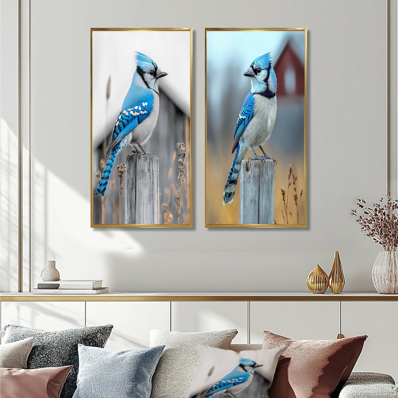 Photo de geai bleu dans la cour I - Collection d'art mural 2 panneaux animaux, H 32 po x l 33 po, Cadre flottant doré