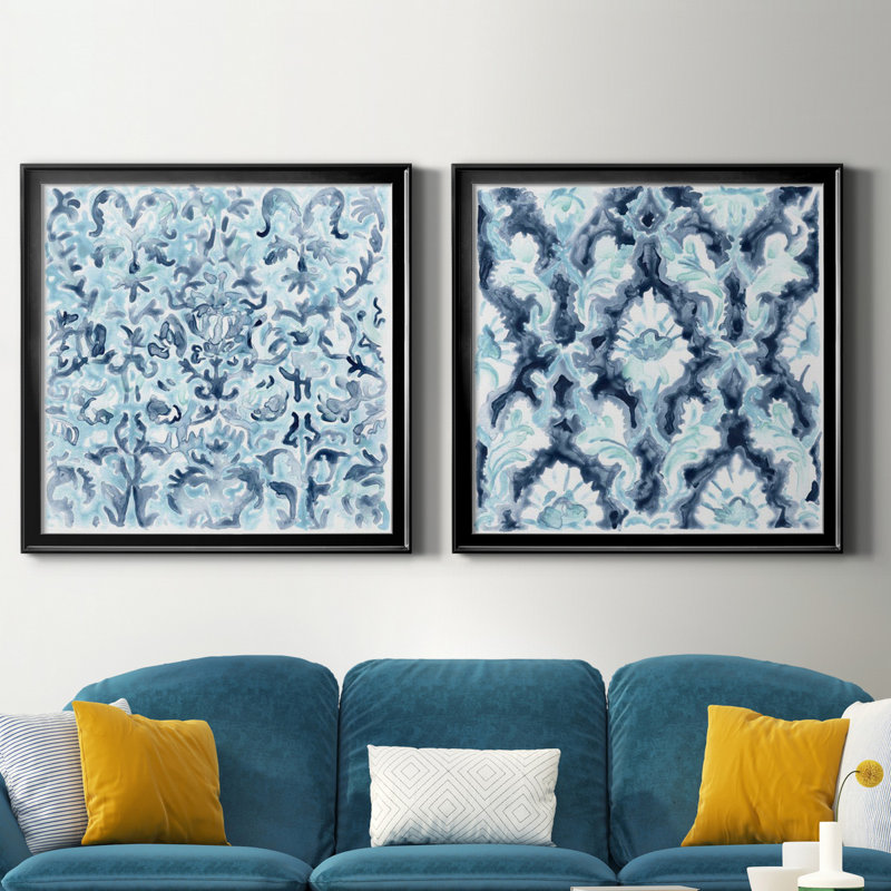 Carreau de mosaïque bleu azur III - Ensemble de cadres photo 2 pièces, H 30,5 po x l 61 po x P 1,5 po, Toile avec cadre noir