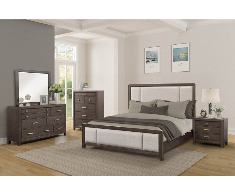 Grand cadre de lit tapissier avec finition en bois brun antique Aucun sommier tapissier requis, robuste et robuste Durable
