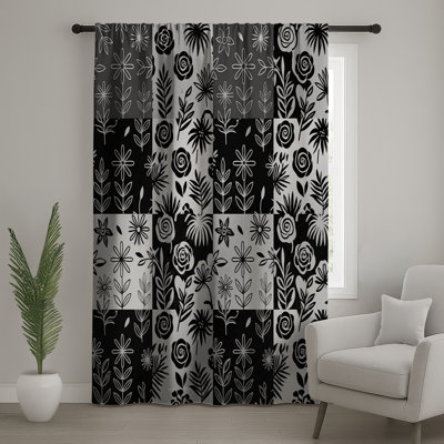 Rideaux noirs à motif floral, rideaux à motif floral - 1 panneau