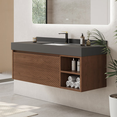 48" Modern Floating Bathroom Vanity with Large Drawers & Open Shelves, Wall-Mounted Wood Vanity with Premium Sintered Stone Top, White Ceramic Finish