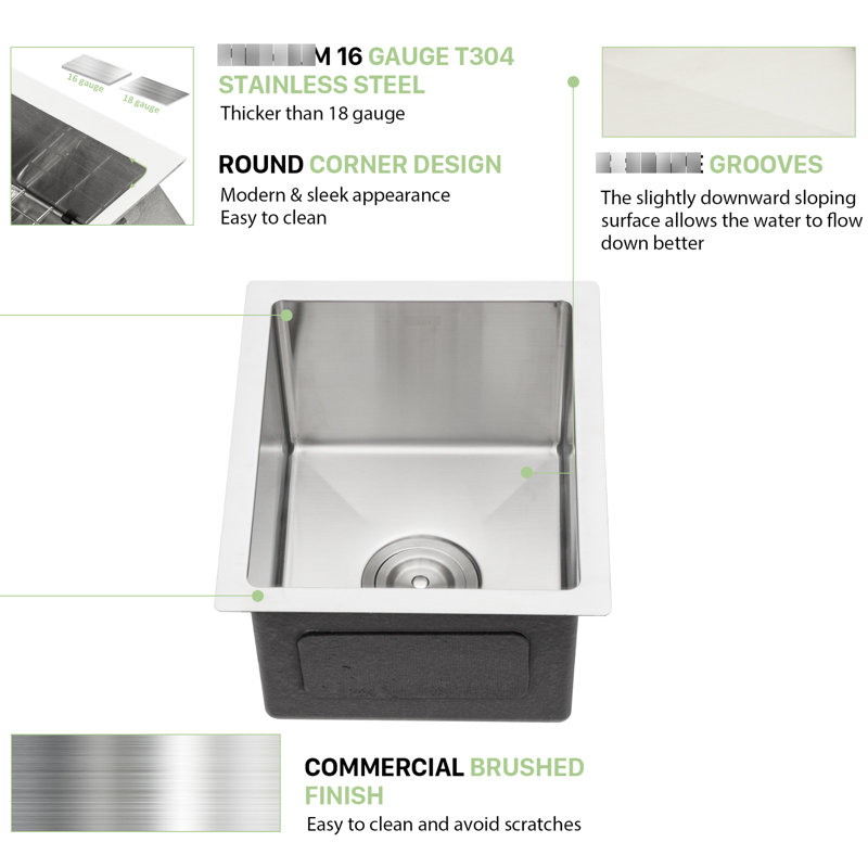 Évier de cuisine encastrable en acier inoxydable de 13 pouces de calibre 16, 9 cuves simples, à l'épreuve de la modernité, 13 X 15 pouces, style Scratch