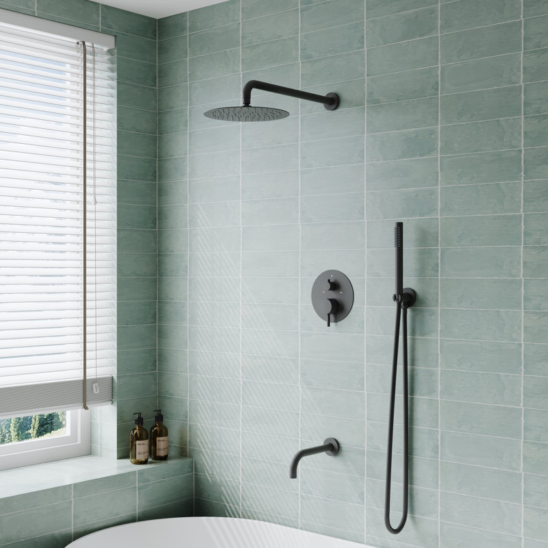 3-Function 10 In. Round Shower Head System With Hand Shower And Tub Spout (Valve Included), Matte Black