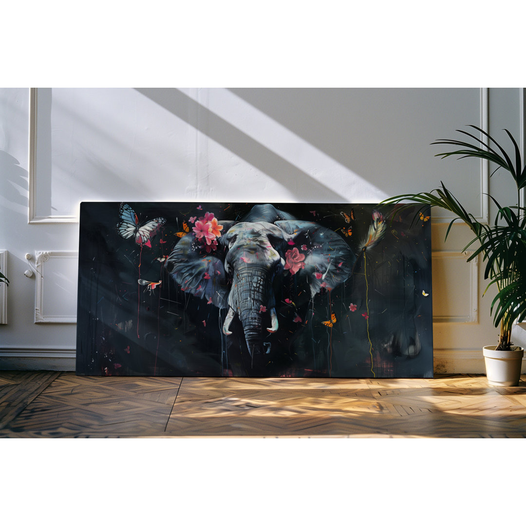 Wandbild 120x60cm Afrika Elefant dunkle Farben Kunstwerk Blumen