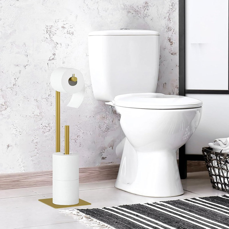 Porte-papier hygiénique sur pied - Métal doré beige, organisateur de salle de bain avec rangement pour rouleau de réserve