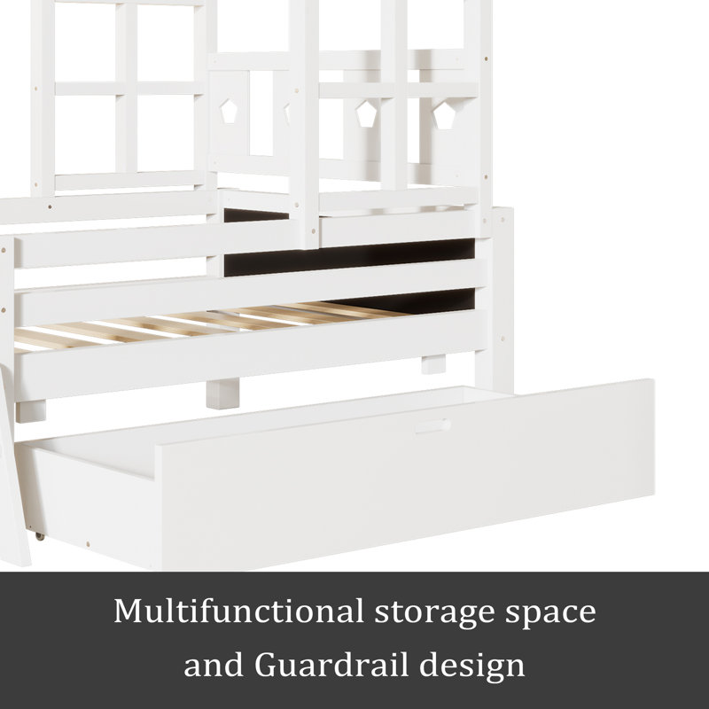 Lit simple avec échelle et tiroirs de rangement pour chambre d'enfant, cadre de lit en bois massif avec 2 tableaux noirs, aucun sommier requis, blanc