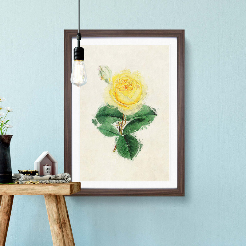 Illustration of a Yellow Rose - Picture Frame Painting Print, 36cm H x 27cm W x 2cm D, Walnut Framed