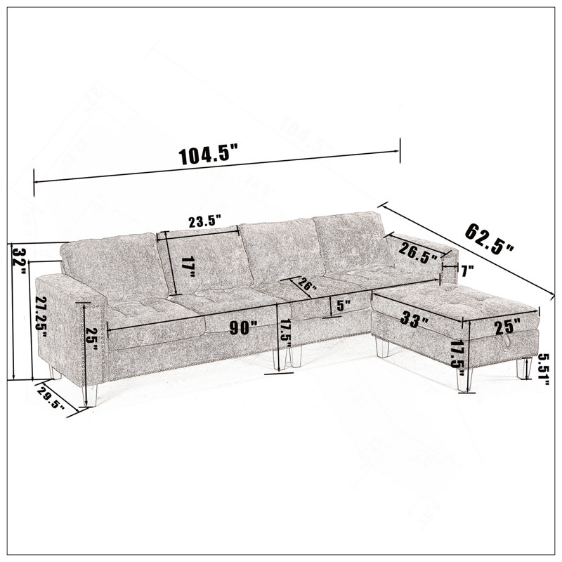 Canapé modulaire 5 places, avec repose-pieds de rangement, canapé modulaire convertible, canapé en L, méridienne réversible, canapé riveté, chenille
