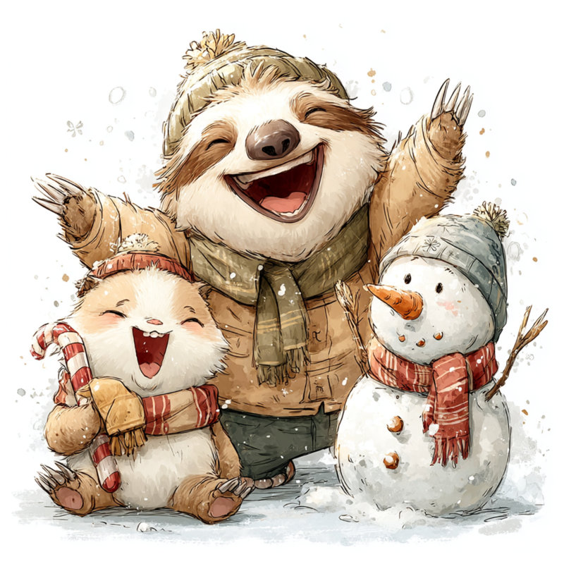 Cute Sloth Snowman Bedding Winter Bedspread Animals, Queen