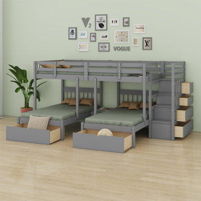 Wood Triple Bunk Bed With Drawers And Guardrails