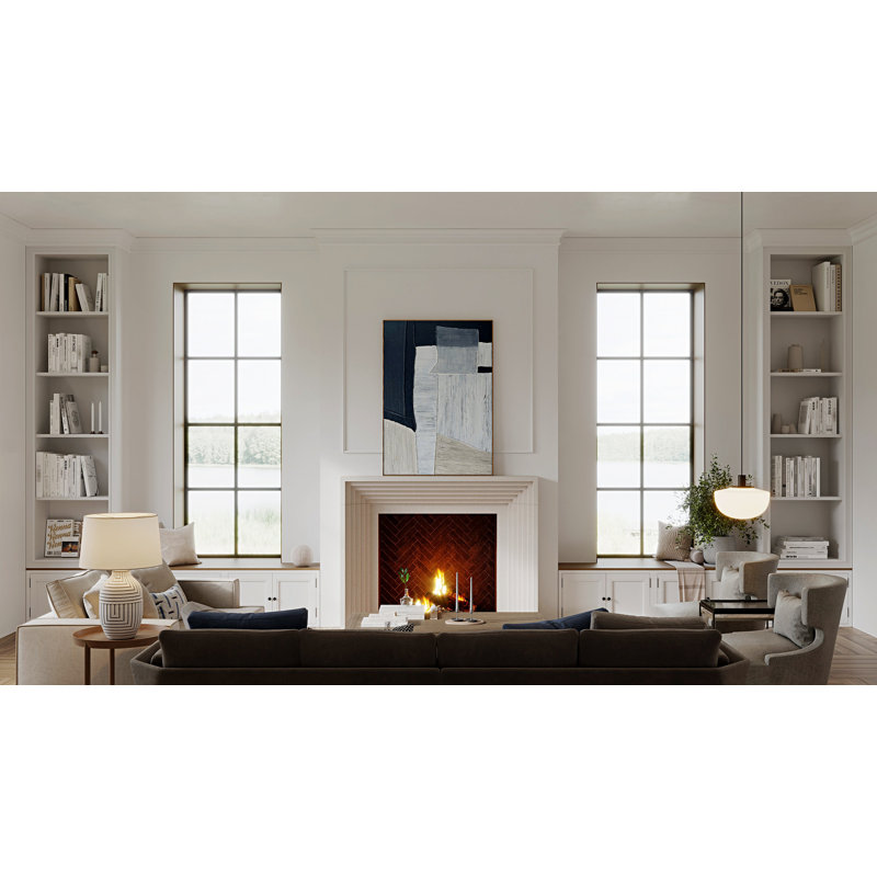 Manteau de cheminée déco en pierre avec foyer biseauté, Beige, H 49,5 po x l 62 po x P 9,5 po