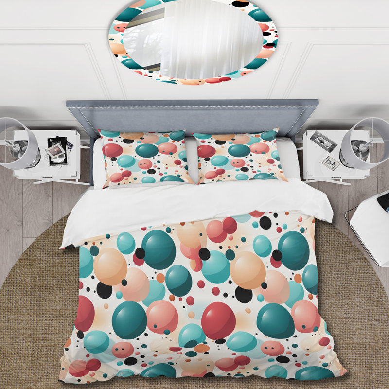 Gingham Charm Polka Dots Pattern Geometric Shapes Duvet Cover, King Duvet Cover + 2 King Shams