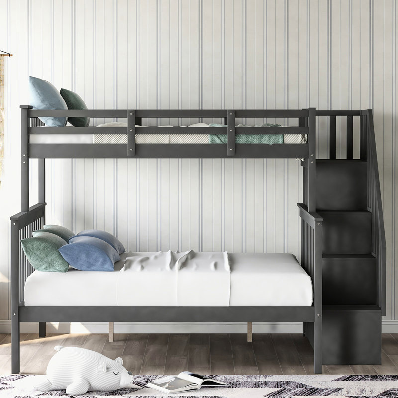 Lit superposé simple avec escalier gris, rangement et garde-corps pour la chambre à coucher - stable, bon compartiment de rangement pour escalier, lit simple double, structure