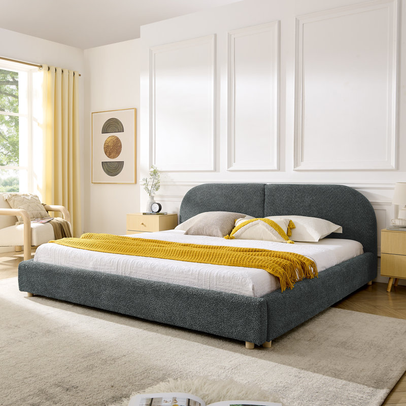 Structure de lit rembourrée, style minimaliste moderne avec une grande tête de lit courbée, Gris foncé