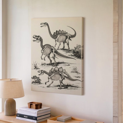 Canvas Wall Art A Black And White Ink Drawing Of Dinosaur Skeletons Featuring Three Different Species Premium Quality Ready To Hang