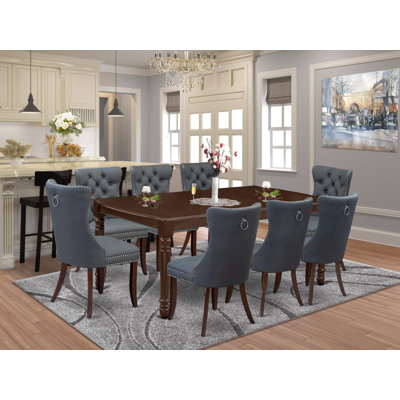 9 Piece Dinette Set Includes a Rectangle Dining Table with Butterfly Leaf and 8 Polyester Fabric Parson Kitchen Chairs, 42x78 Inch, Mahogany