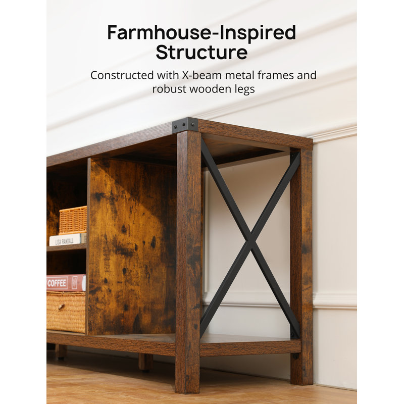 Meuble télé industriel en bois avec tablettes de rangement, centre de divertissement rustique de 55 pouces avec compartiments ouverts, console média pour le salon
