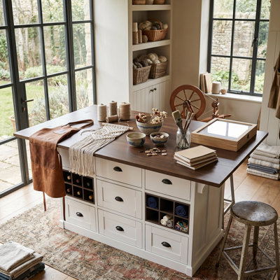 Table de ferme extensible avec tiroirs de rangement, casiers à vin et espace de travail pliable pour la couture, l'artisanat et les projets domestiques